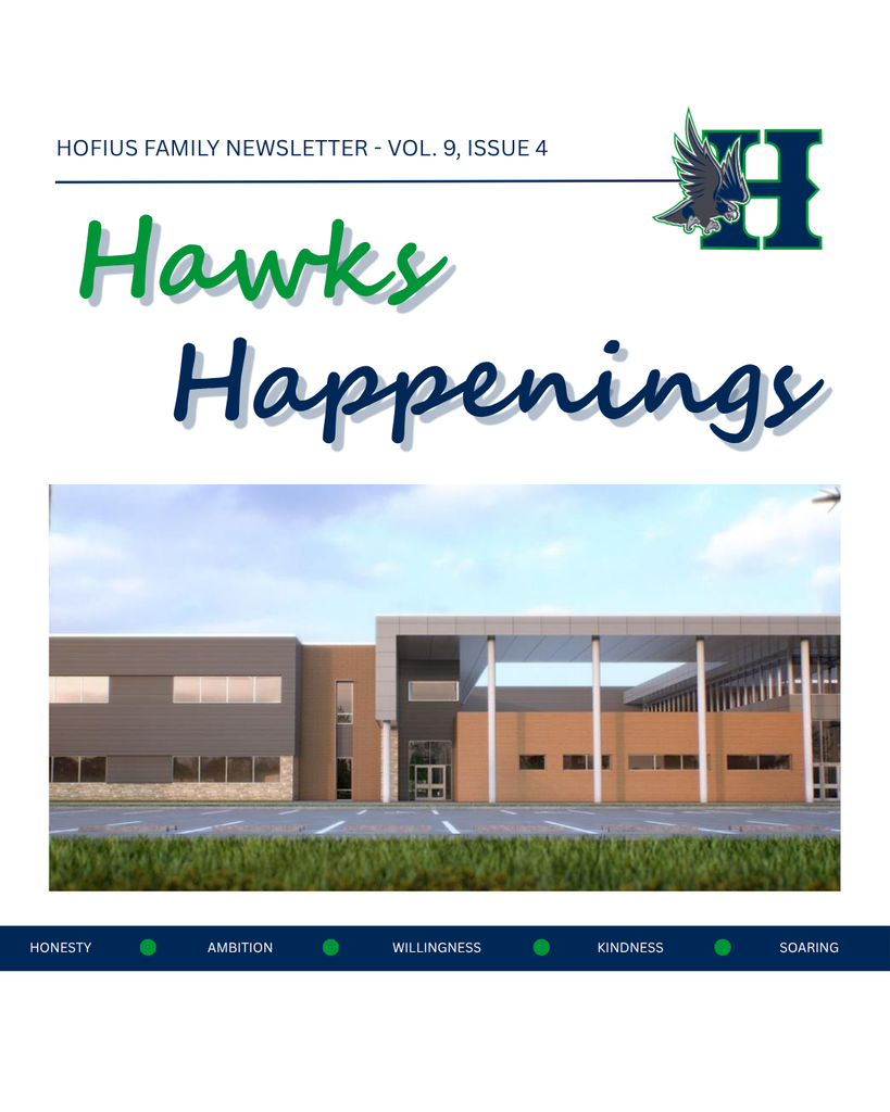 Newsletter cover features "Hawks Happenings" text. An image of a school building is below.