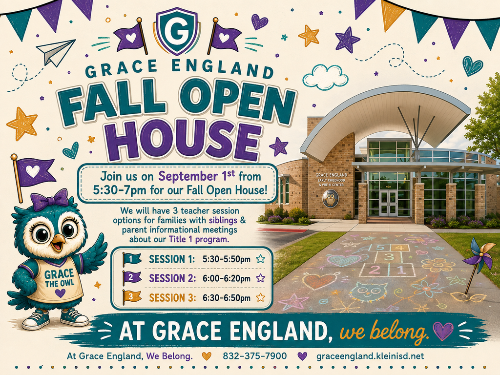 Flyer for Fall Open House at Grace England. Three session times listed. Owl and building with tree in background.