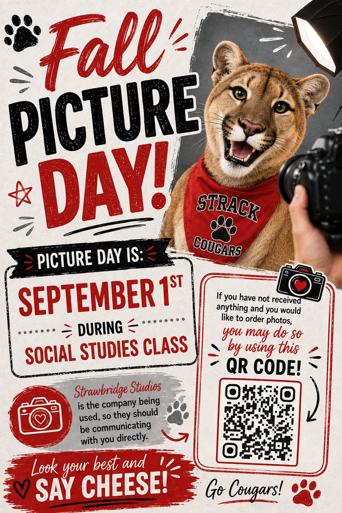 Poster with a lion, paw prints, and a QR code. Text reads "Fall Picture Day! September 1st, during Social Studies class".