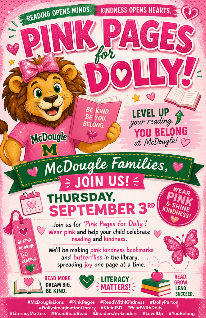 Pink lion flyer for Pink Pages for Dolly Day, Thursday, Sept. 3rd. Wear Pink and make kindness bookmarks and butterflies.