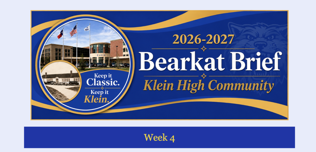 A blue and gold banner for Bearkat Brief 2026-2027. Features an image of a building with flags.