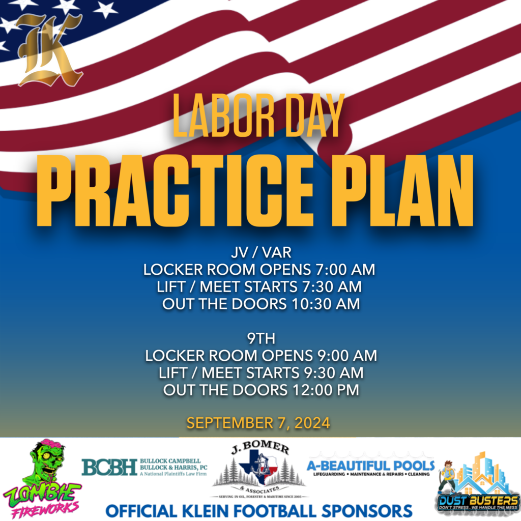 A practice plan poster for Labor Day with details about locker room openings and meeting times for JV/Var.