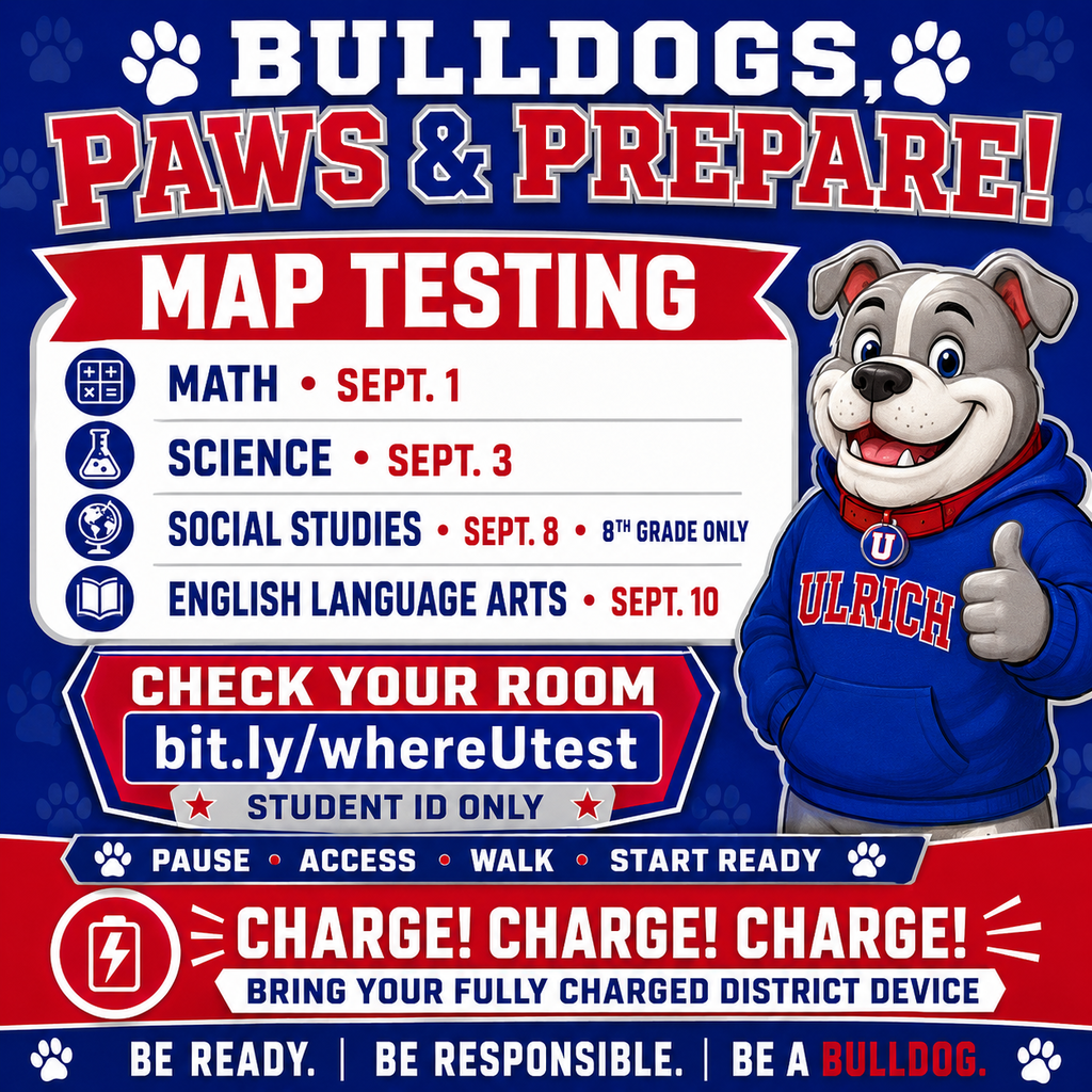 Poster with a cartoon dog wearing a U.L.R.I.C.H. hoodie. Subjects include math, science, social studies, and English.