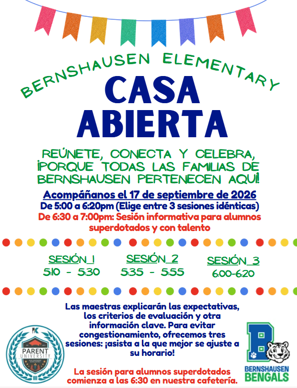 An event flyer with colorful bunting. Spanish text reads "CASA ABIERTA" above "BERNSHAUSEN ELEMENTARY" with event details below.