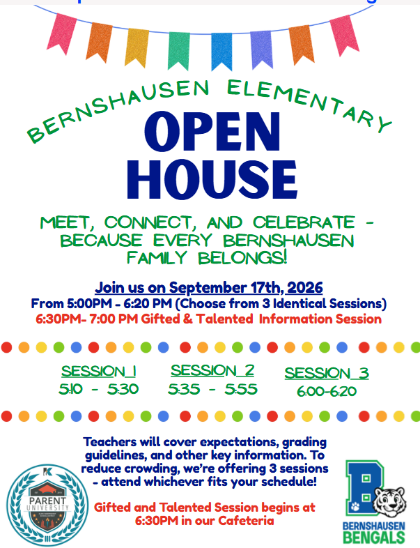 Bright, colorful flyer with multicolored bunting. Header reads "OPEN HOUSE" below "BERNSHAUSEN ELEMENTARY FAMILY". Text reads "Join us on September 17th, 2026".