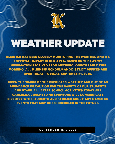 Blue background displays text: "Weather Update." It reads: "Klein ISD has been closely monitoring the weather... All Klein ISD schools are open today."
