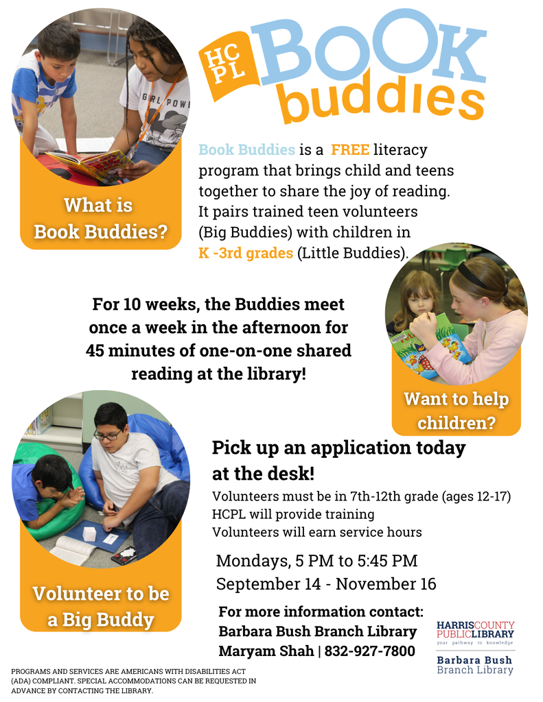 An advertisement shows a group of teens helping younger children. "Book Buddies" program pairs volunteers and children for reading.