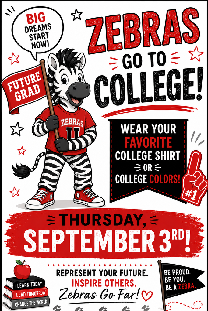 An invitation features a zebra in red and white stripes holding a red flag and books. The title reads "Zebras Go To College!"