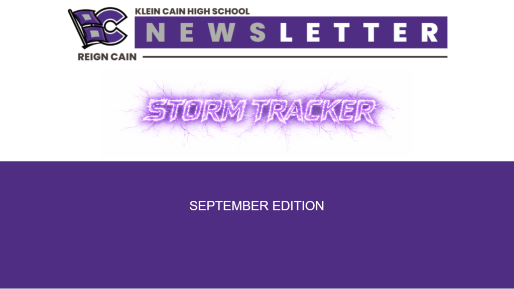 Purple and white newsletter header. Logo at top left. "Newsletter" text above. "Storm Tracker" in purple. "September Edition" below.