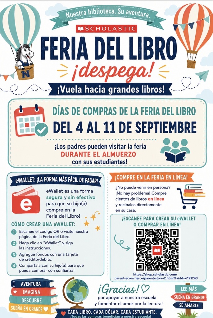 An advertisement with vibrant colors and icons. It promotes a book fair. It includes a calendar, QR code, and instructions on how to create an account.