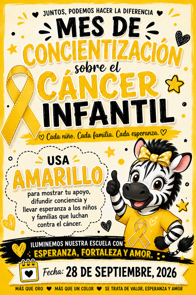 Poster for awareness of childhood cancer with a yellow ribbon and a zebra wearing a yellow shirt.