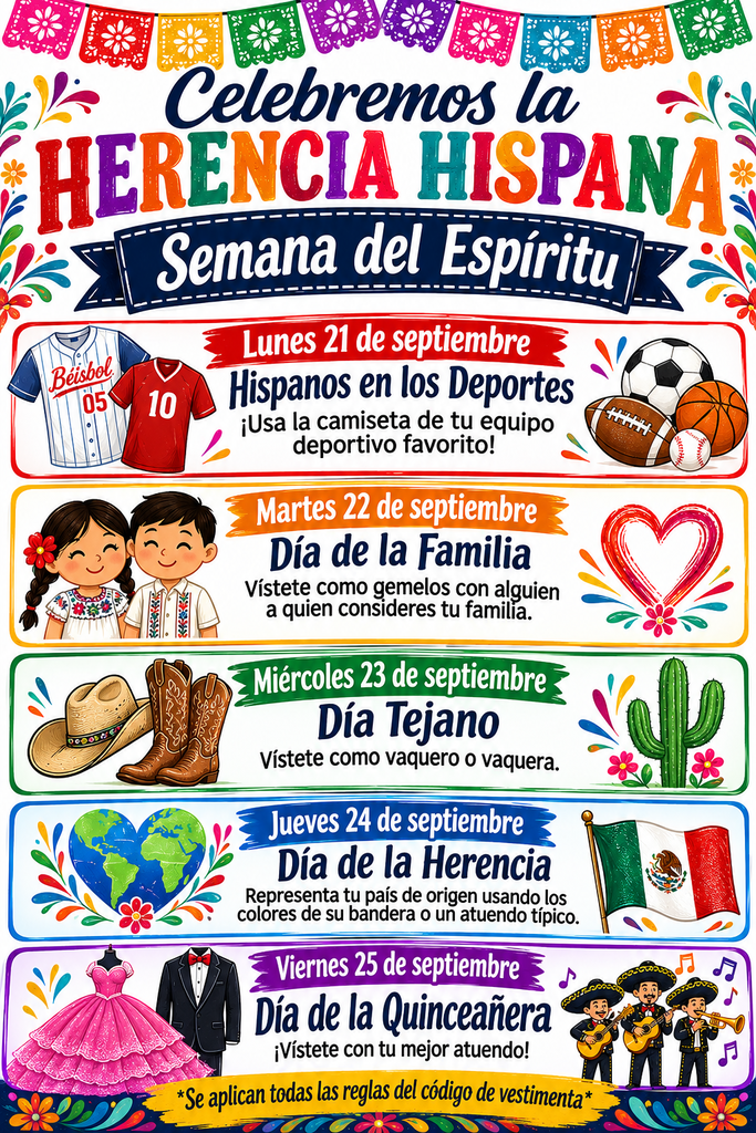 Flyer for Hispanic Heritage Week. Includes dates, themes, and activities. Each day is represented by a visual theme.