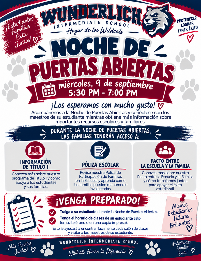 Poster for Wunderlich Intermediate School's Open House, September 9, 5:30-7 PM. Features mascot, date, time, and details about the event.