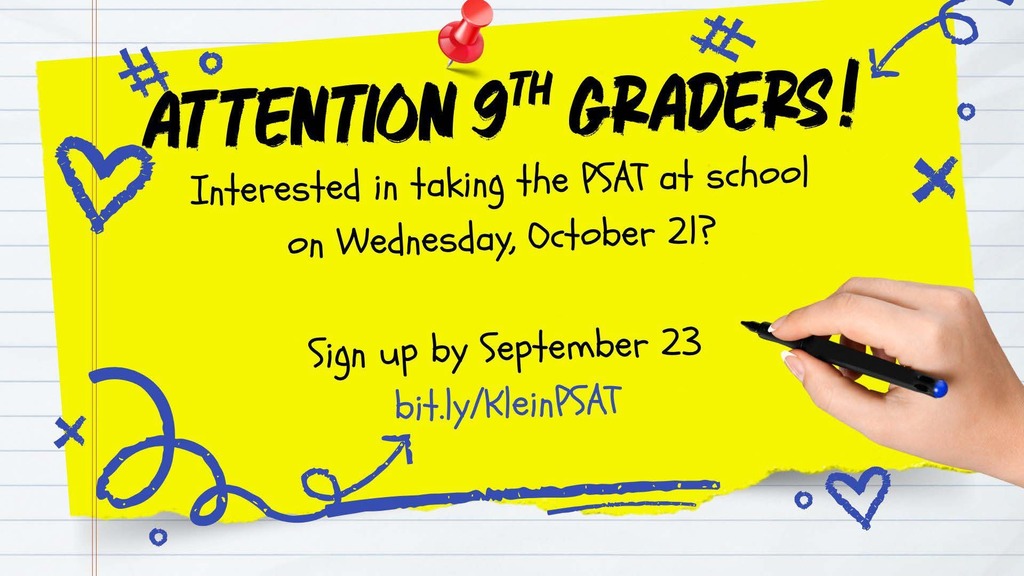 Yellow note with bold text on a white page. It reads, "Attention 9th Graders!" A hand holds a marker.