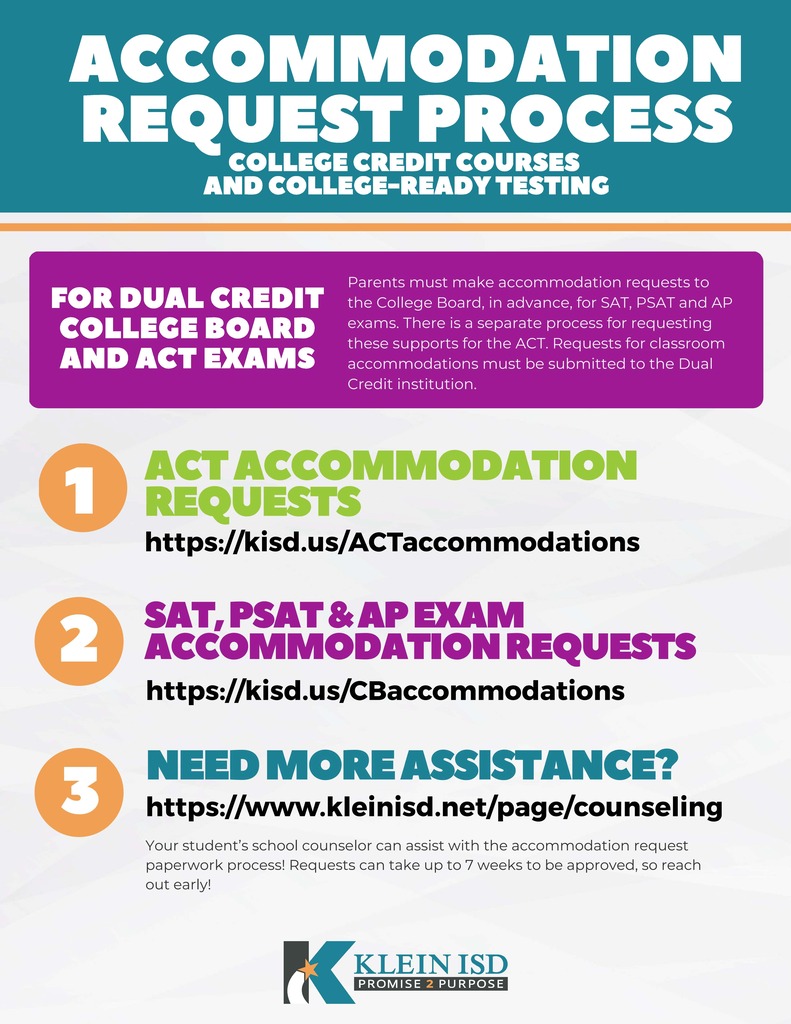 An informational poster outlines the process for accommodation requests, including links for college credit courses and college-ready testing.