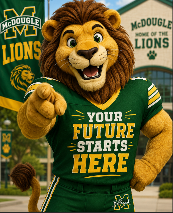 A lion mascot with jersey saying your future starts here. 