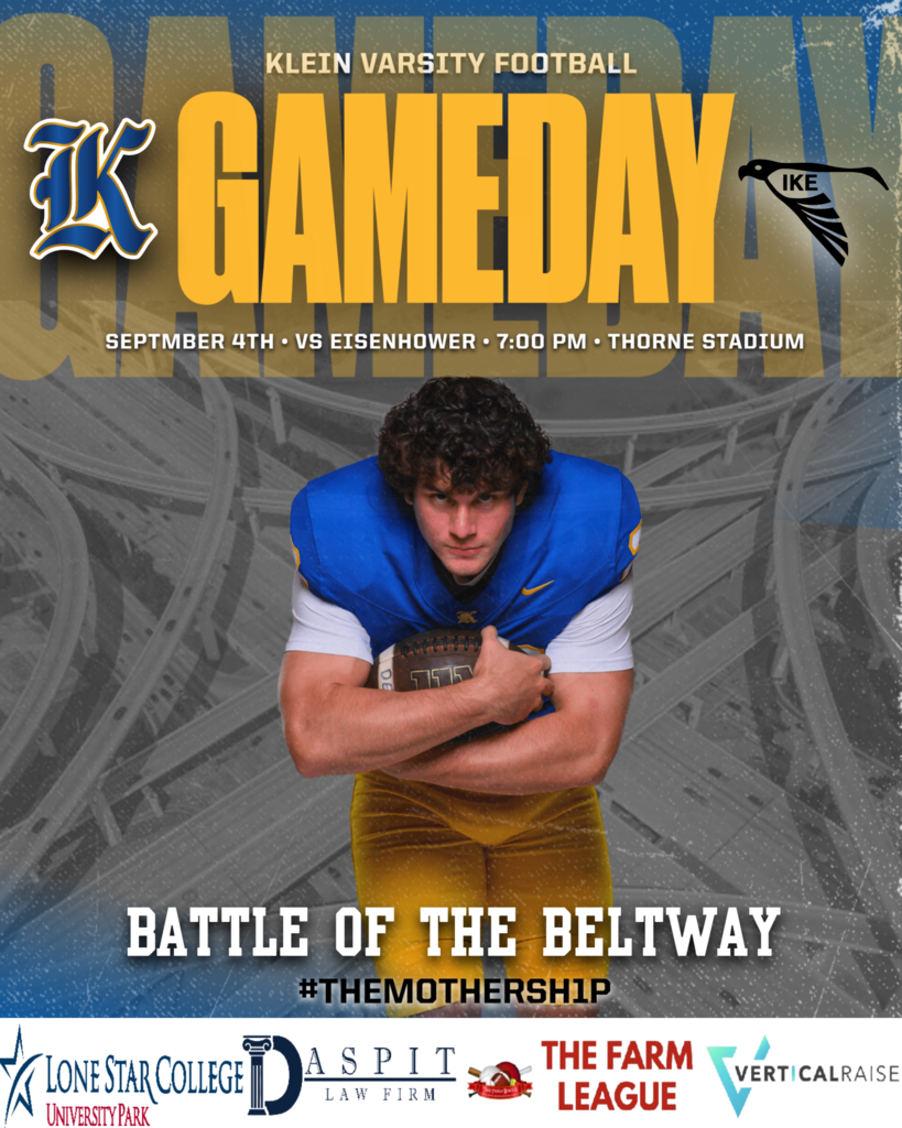 A poster shows a man in a blue and yellow football uniform holding a football. Text reads "KL GAMEDAY" and "Battle of the Beltway."
