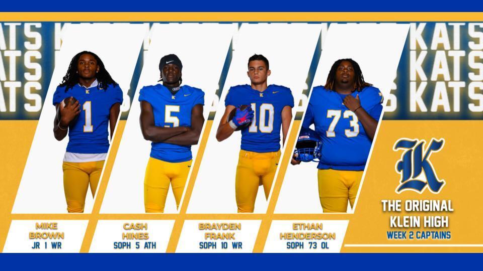 Four football players in blue jerseys with numbers 1, 5, 10, and 73. Background shows "Kats Kats Kats" and "The Original Klein High."