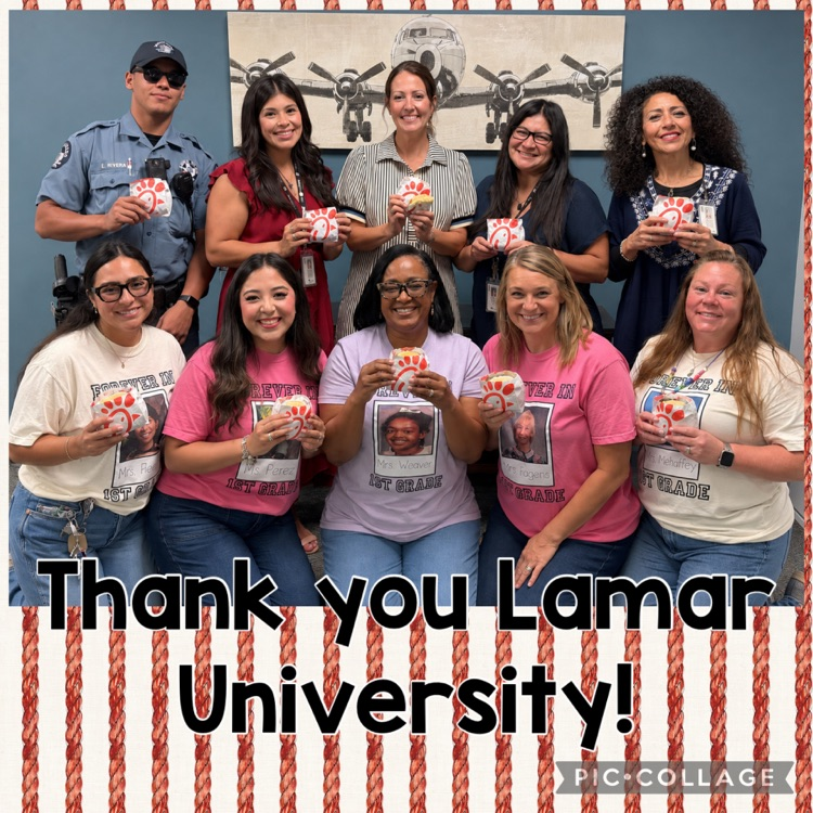 Staff with their Chick-fil-a breakfast donated by Lamar University 