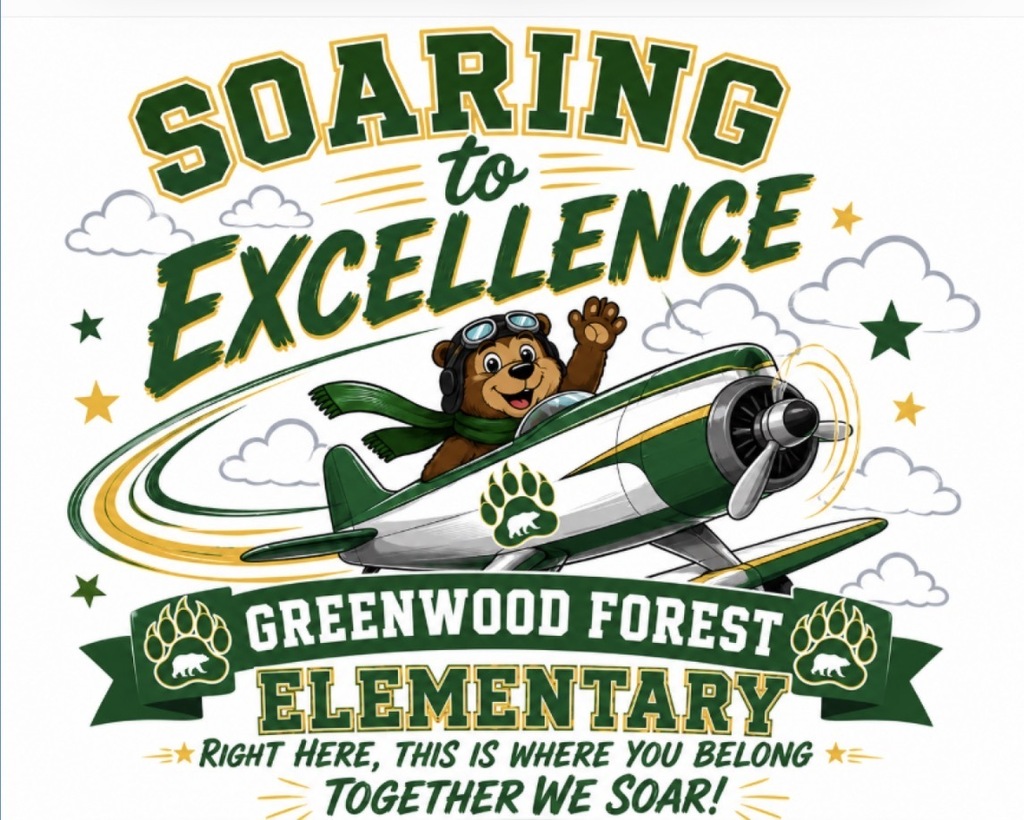 Brown Bear in white airplane with Greenwood Forest banner in green and white. 
