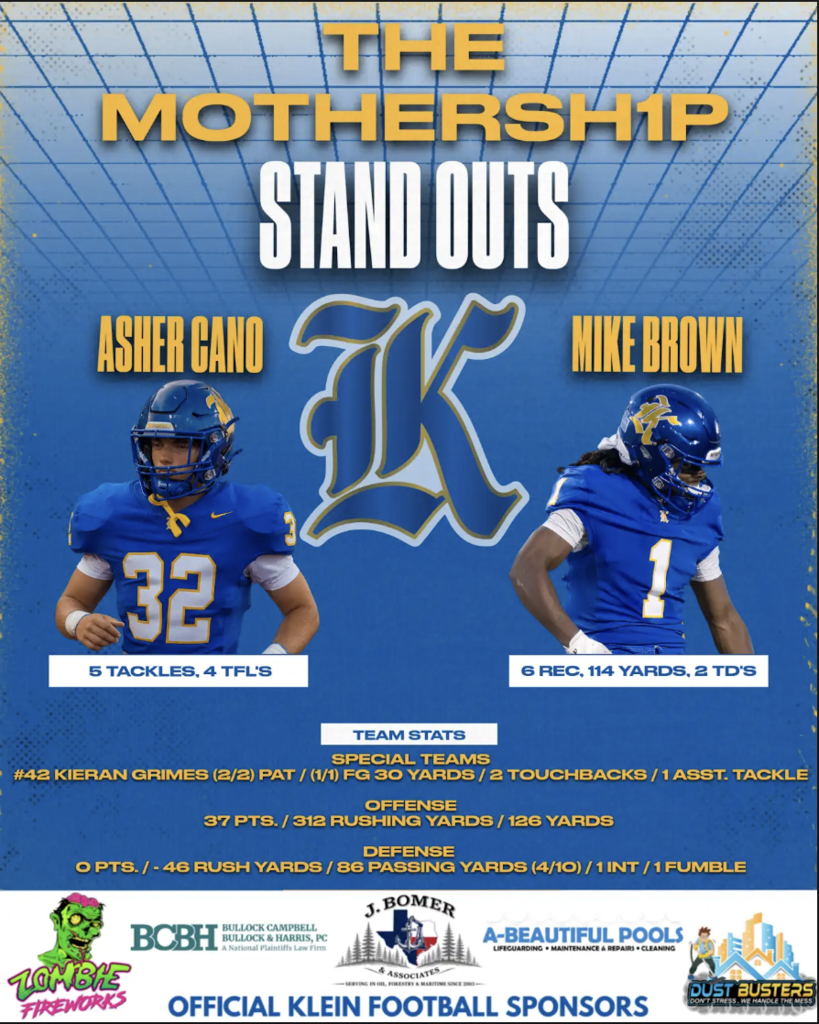Poster showing two football players, one wearing number 32 and the other number 1. Both have blue helmets. It mentions names, stats, and sponsors.
