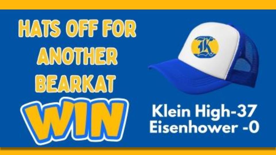 Blue and yellow background with text reading "HATS OFF FOR ANOTHER BEARKAT WIN" and a white-blue baseball cap with logo.