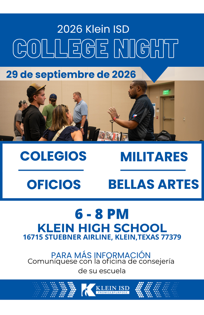 A flyer with a blue and white background advertising Klein ISD College Night on September 29, 2026.