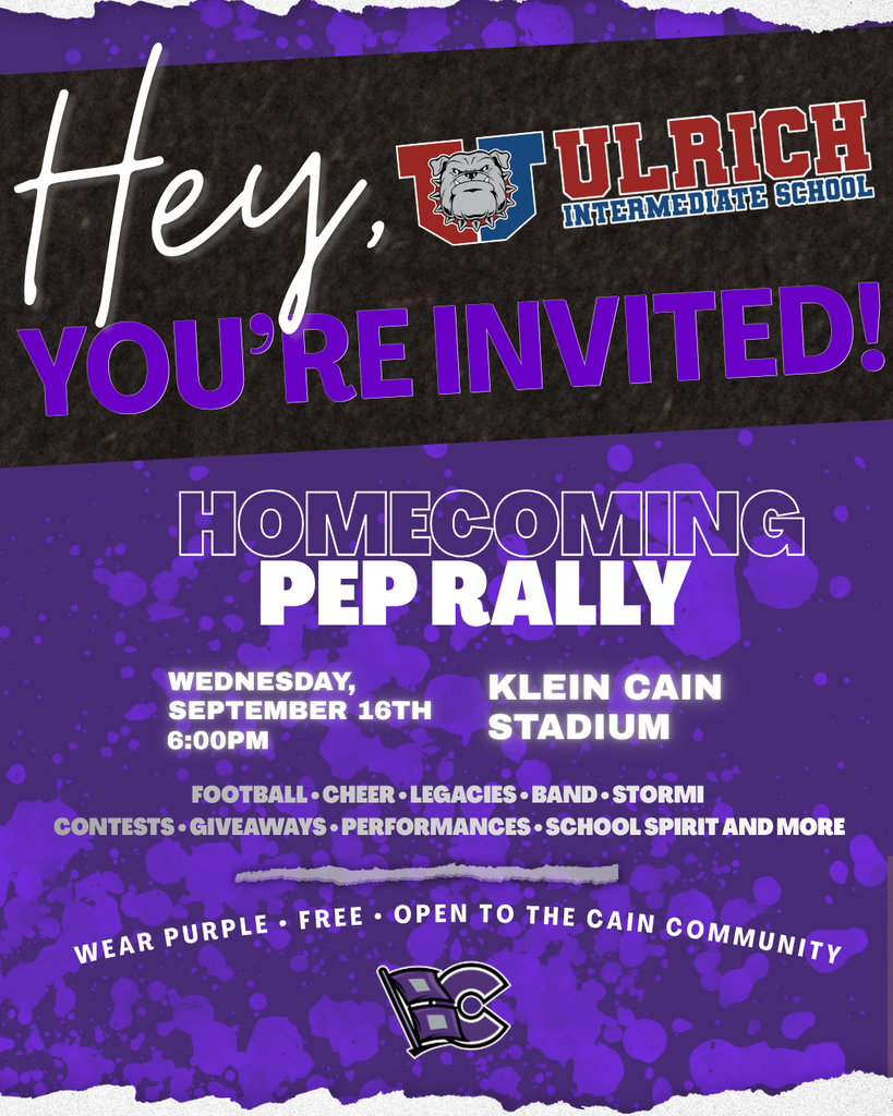 Purple and black poster invites to a homecoming pep rally. Event at Klein Cain Stadium, Wednesday, September 16 at 6pm.