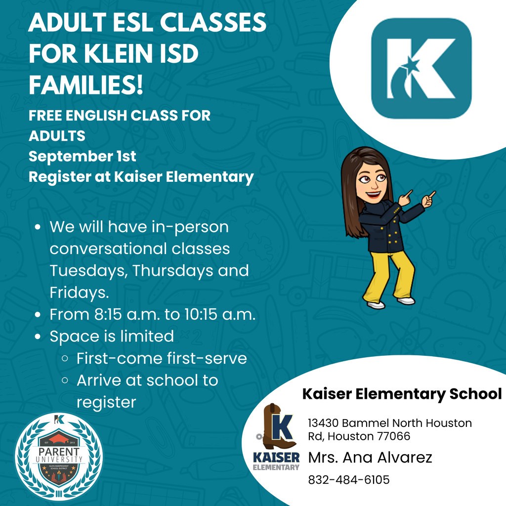 Poster with a teal background, advertising English classes for adults on specified days and times. Woman pointing in the bottom right corner.
