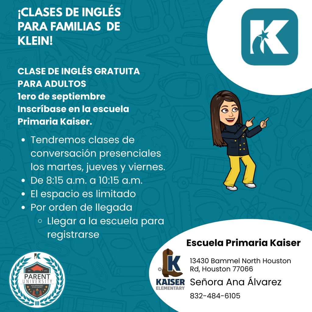 Blue background with white text and logo. A female figure pointing to a sign. Information about free English classes for families.