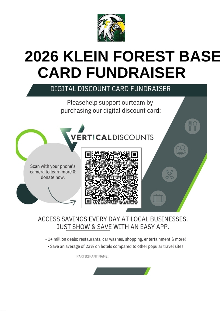 A flyer with a black and white design for the 2026 Klein Forest Base Card Fundraiser. It includes QR codes, text, and icons.
