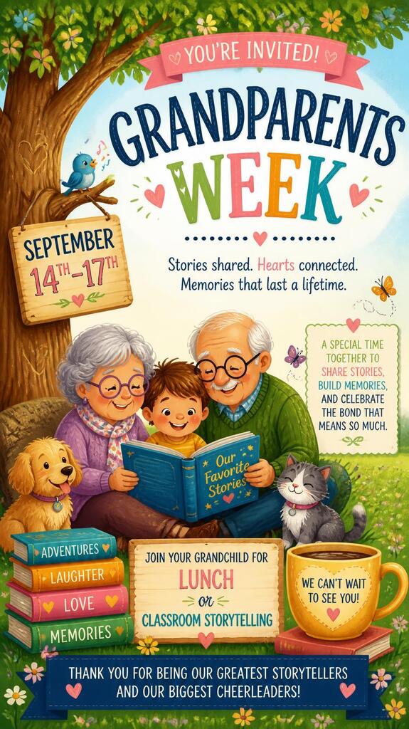 Poster shows a grandparent and grandchild with a dog and cat, reading a book. Text reads "Grandparents Week" and "You're Invited!"