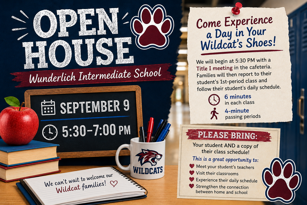 Open house invitation for Wunderlich Intermediate School on September 9 from 5:30-7:00 PM. Includes a chalkboard, books, an apple, and a cup.
