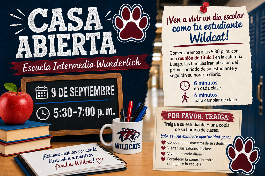 A bulletin board with open house details for Wunderlick Intermediate School. Text, a paw print, and a calendar.
