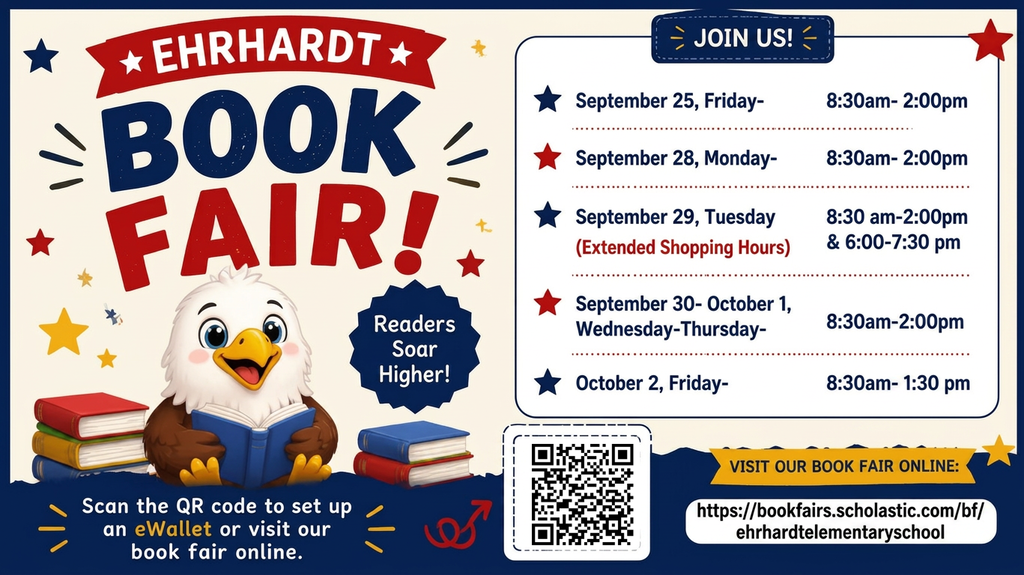 Ehrhardt's book fair. Cute little eagle reading books. Decorative item has same information.