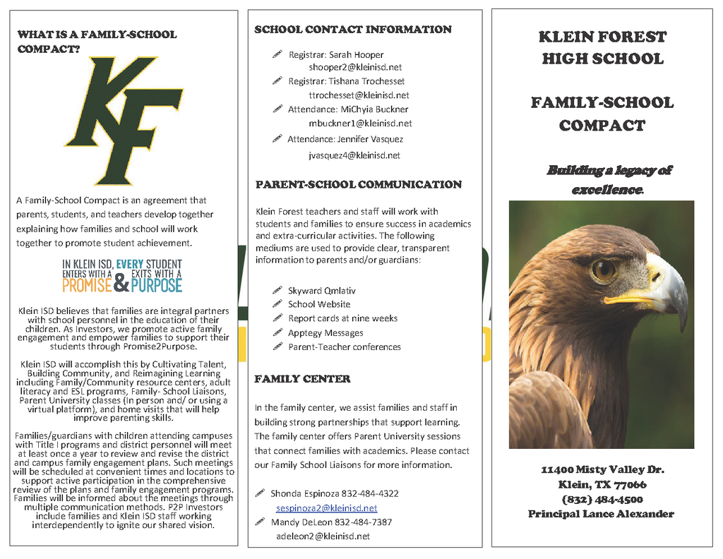 A brochure has three columns. The first has text and a "KF" logo. The second has text. The third has an image of an eagle.
