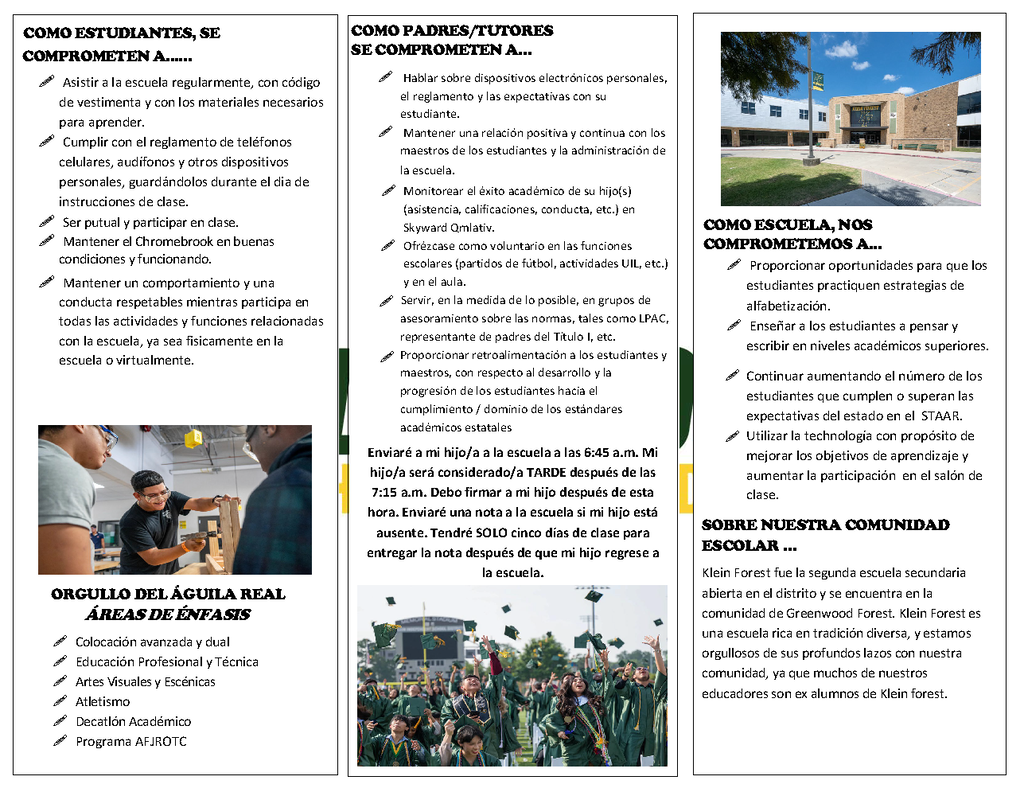 Three-panel document displays text and images. Left panel shows a man working. Center panel shows a school building. Right panel shows people in caps and gowns.