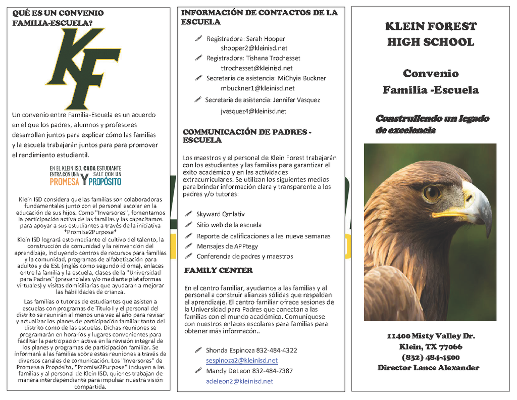 An informational brochure for Klein Forest High School. The left page has text in black font. The right page shows a golden eagle with a blurred background.