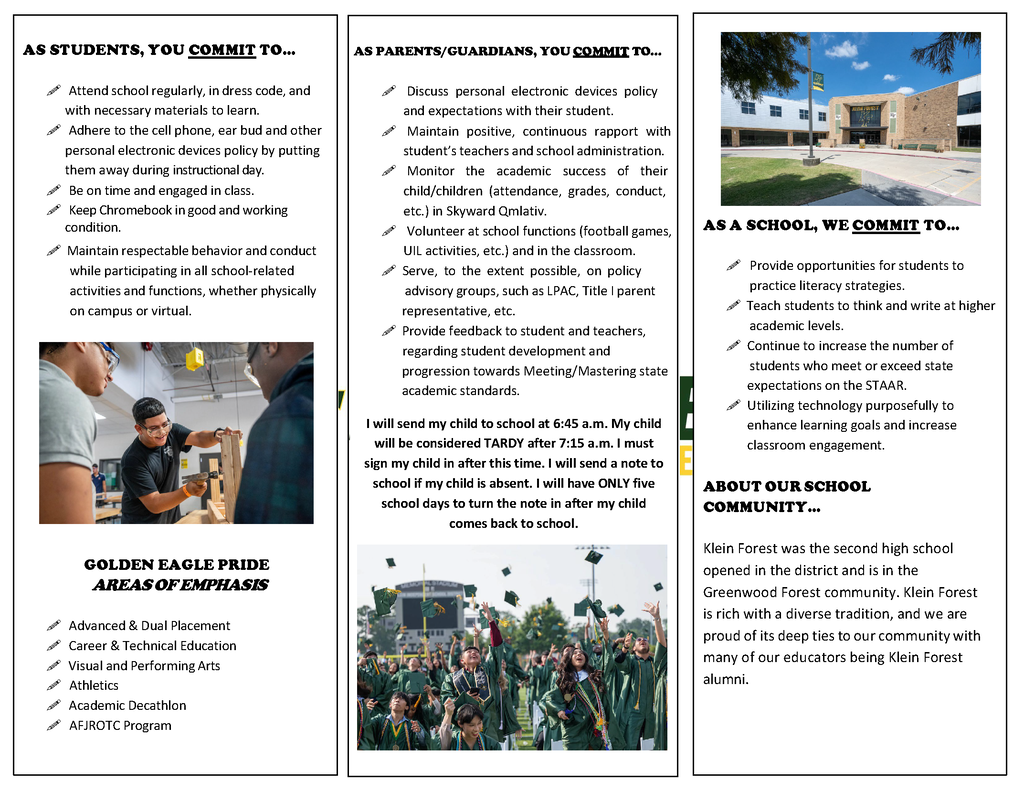 A trifold brochure. Left panel: A man in a blue shirt. Middle panel: A man in a suit and tie. Right panel: A school building.