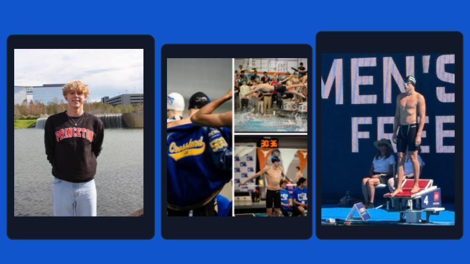 Three photos on a blue background: a man in black, a swimmer in action, and a group of swimmers.