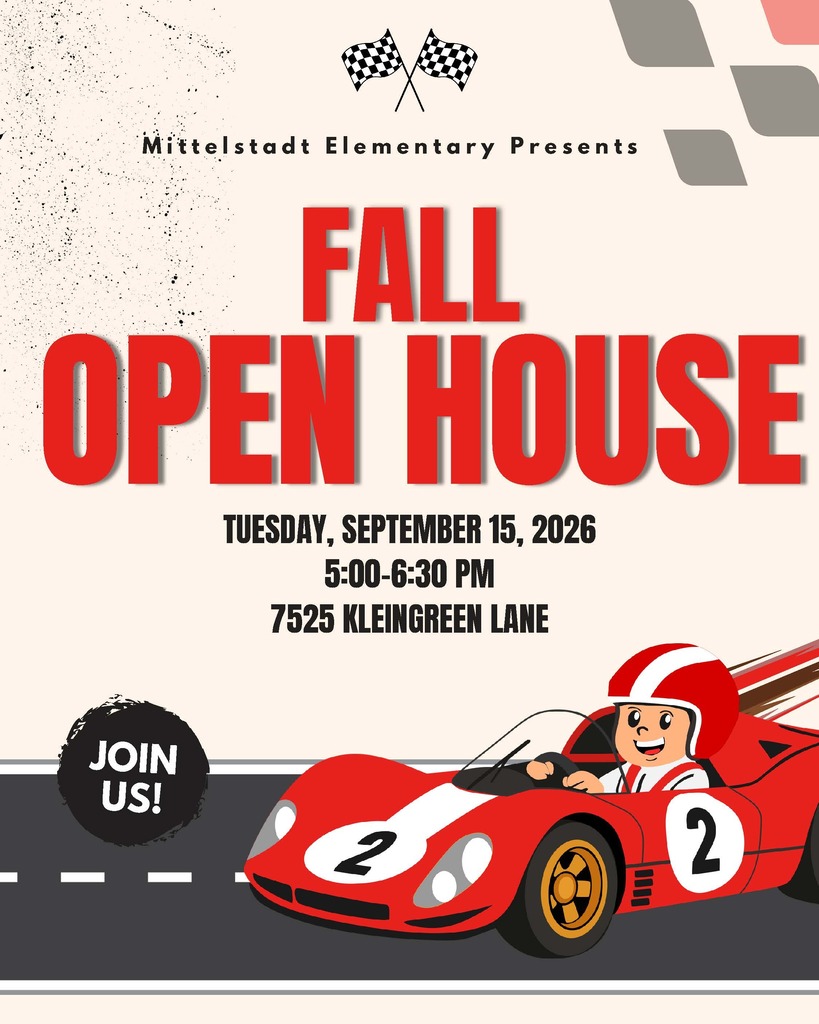 Advertisement for a Fall Open House at Mittelstadt Elementary on September 15, 2026, featuring a car racing image.
