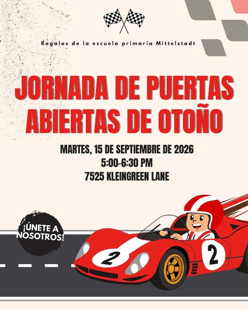 Event flyer for "Jornada de Puertas Abiertas de Otoño" on September 15, 2026, featuring a cartoon figure driving a red car.