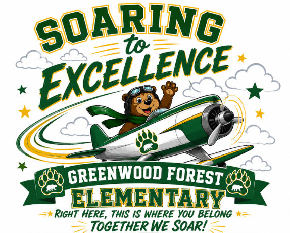 Brown grizzly bear in white plane with greenwood forest elementary on green banner