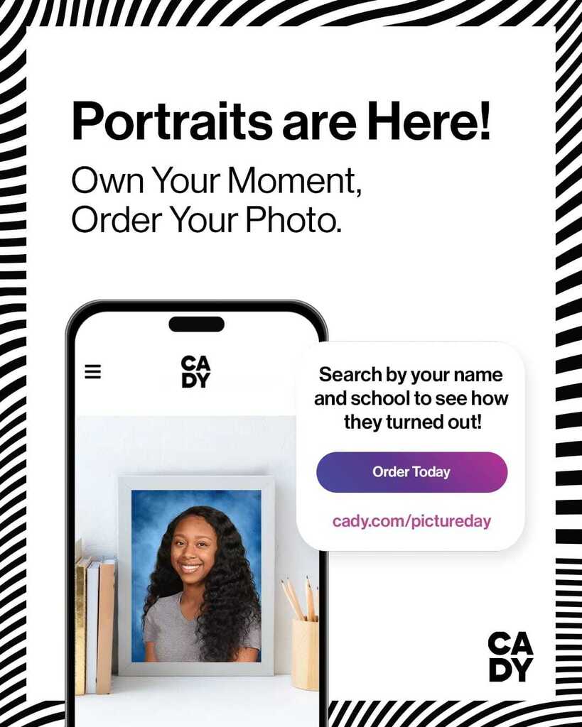 White and black zebra-stripe background. A phone displays an image of a woman, text reads: "Portraits are Here! Own Your Moment, Order Your Photo."