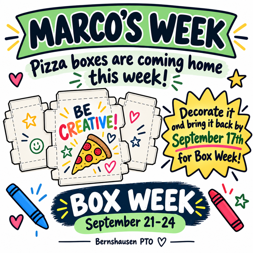 An announcement with cartoon pizza boxes, crayons, hearts, stars, and the text "Marco's Week".