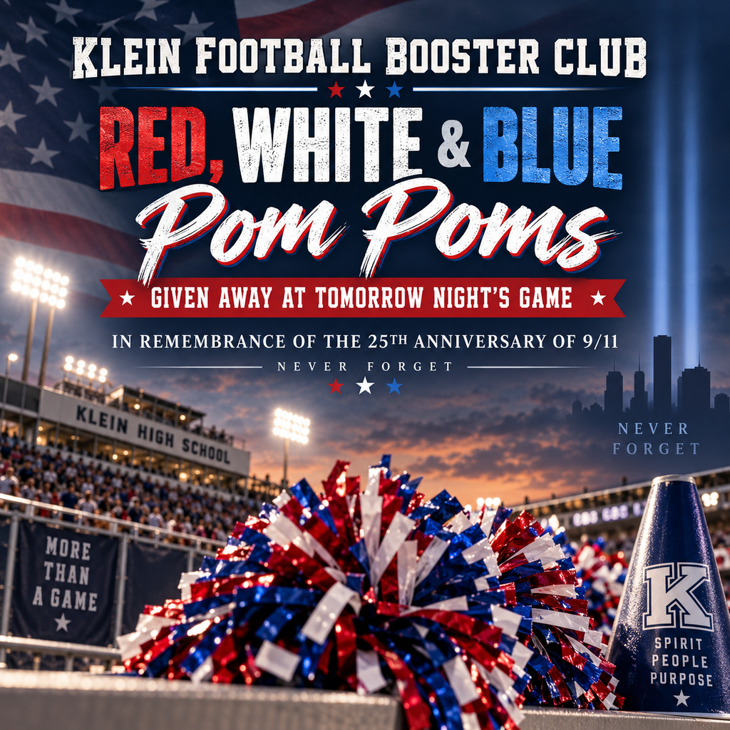 Advertisement for football booster club. Pom-poms in red, white, blue colors. Stadium background. Text reads: "Never Forget"