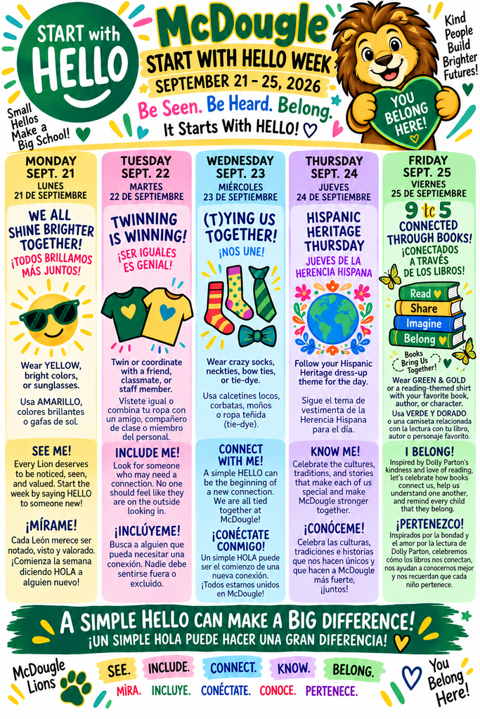 Bilingual flyer with dress up days for Start With Hello week Sept. 21-25.