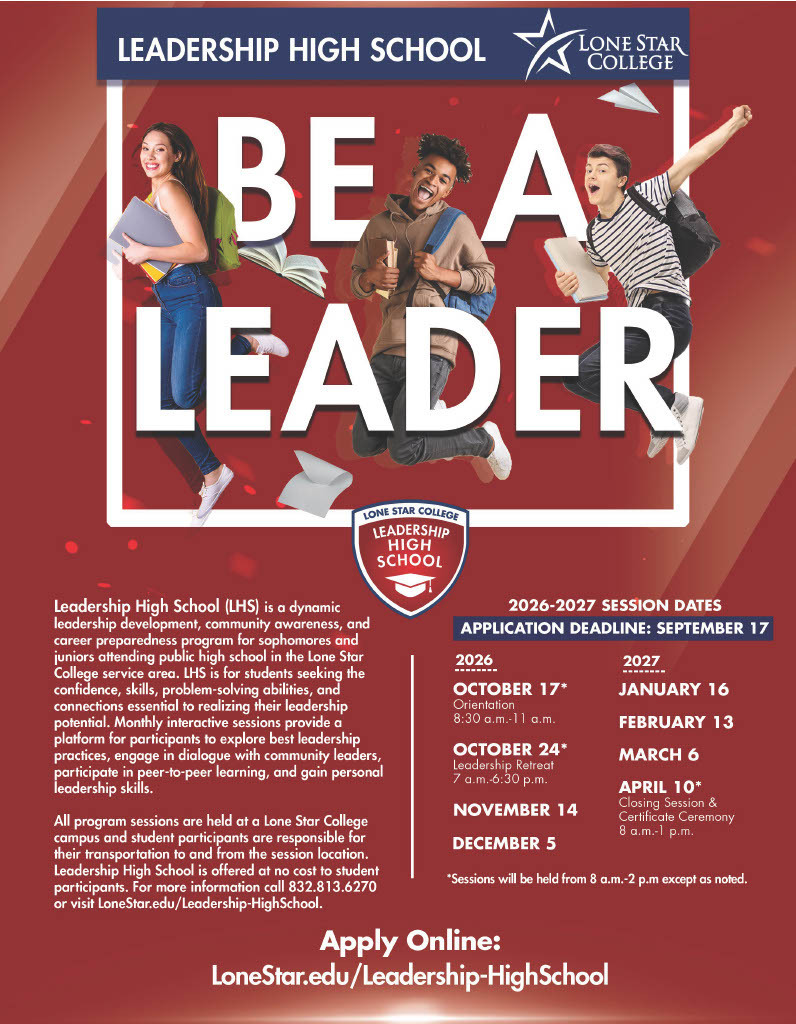 Poster for Leadership High School with people jumping, showing dates and application deadlines for the 2023-2027 session.