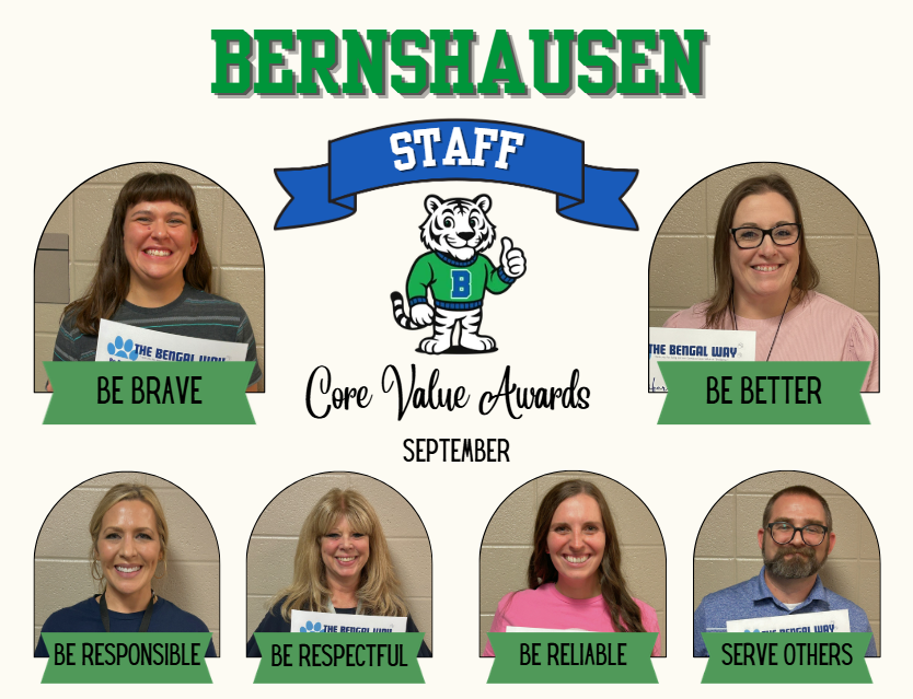 Staff members of Bernhausen school with badges for core values: Be Brave, Be Responsible, Be Respectful, Be Reliable, Serve Others.
