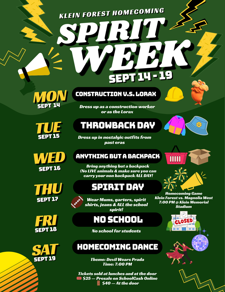 A poster announces Klein Forest Homecoming Spirit Week from September 14 to 19. Daily themes are listed with icons.